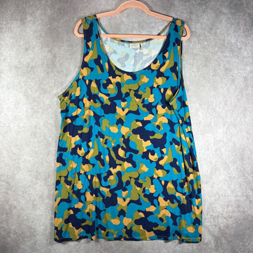 LOGO Lori Goldstein Tank Top Womens 2X Blue Camo Sleeveless Abstract Knit Flowy
